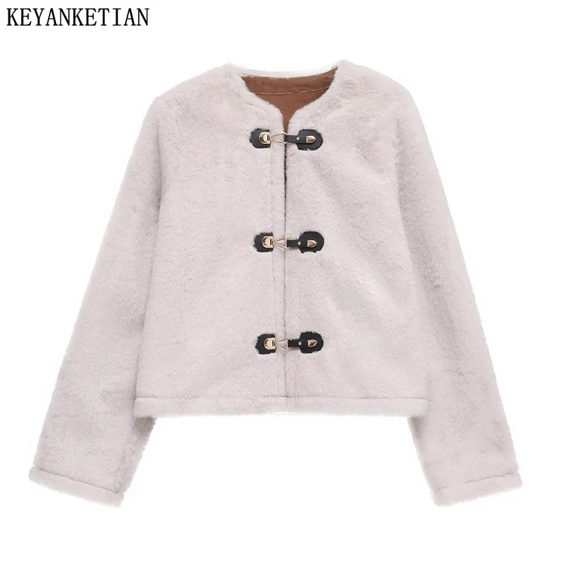 KEYANKETIAN 2025 New Women's Faux Fur Short Jacket Knot Button Decoration Fashion Luxury Double Faced Fur Outerwear Loose Coat