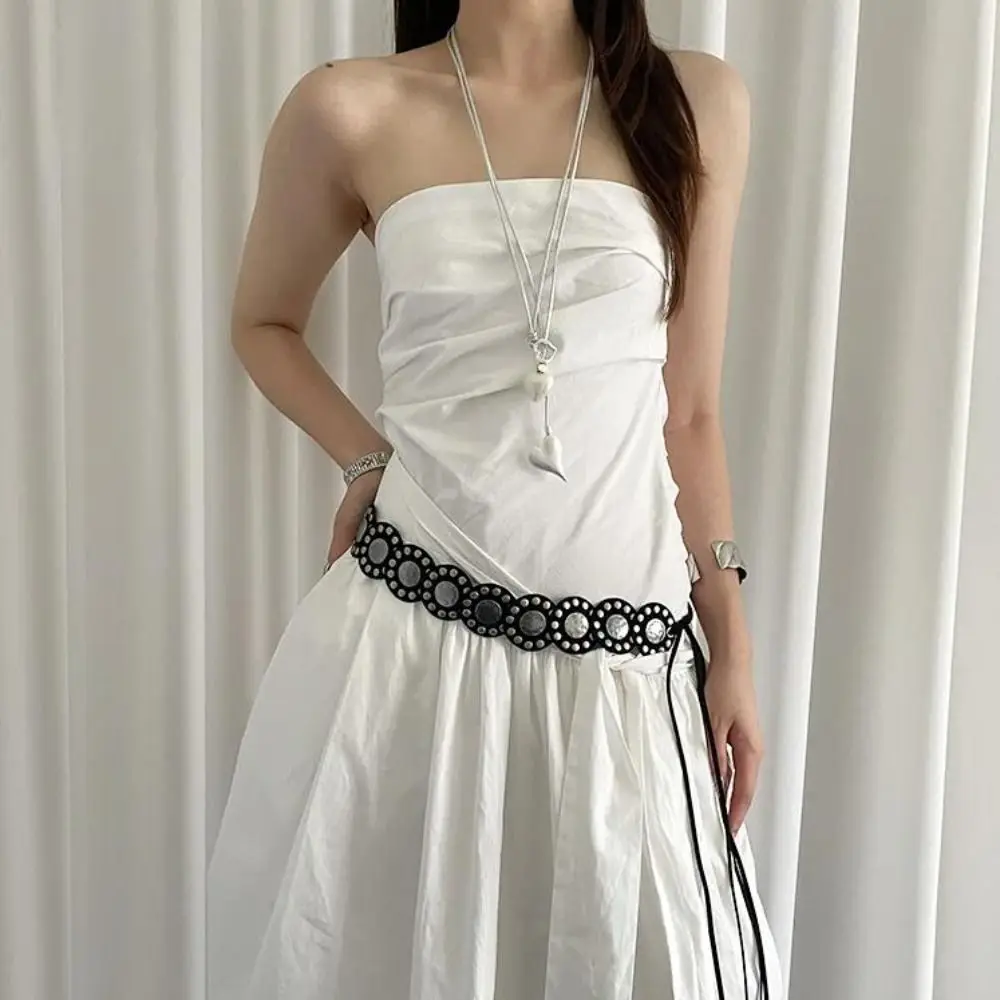 Американский винтажный женский ремень с заклепками, черный кофейный сверхпрочный кожаный пояс, круглый широкий платье, джинсовый ремень, уличная одежда