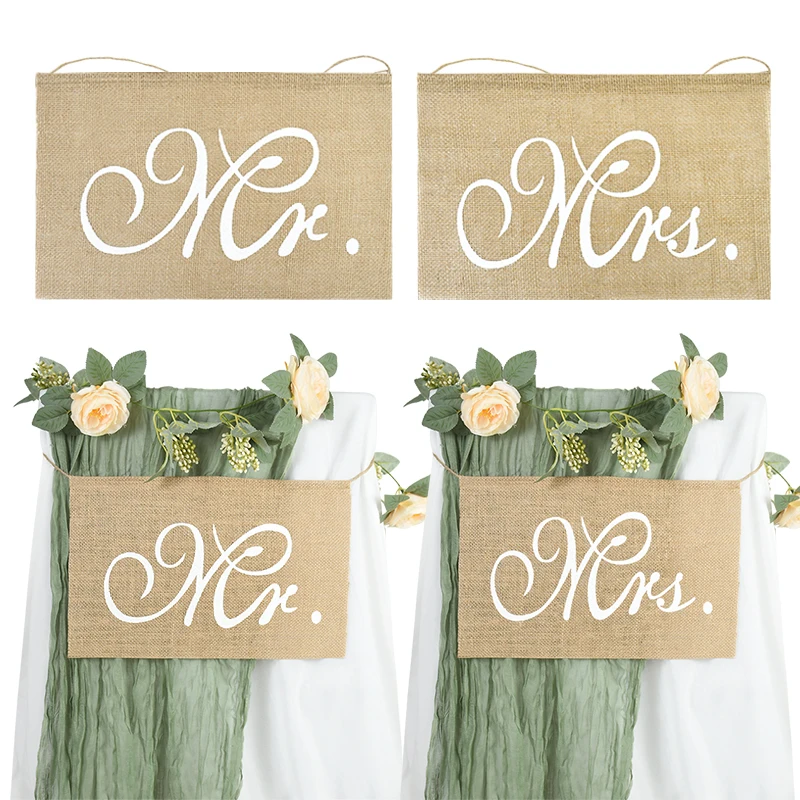 2Pcs/set Mr Mrs Burlap Jute Chair Banner Romantic Hanging Chair Sign Flag Rustic Wedding Party Banquet Decoration Photo Props