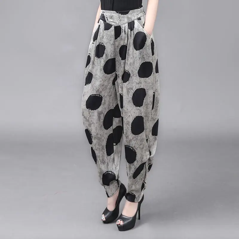 

Оригинальные винтажные этнические стильные весенние новые эластичные брюки-шаровары с высокой талией, женские повседневные брюки в горошек с карманами в стиле пэчворк