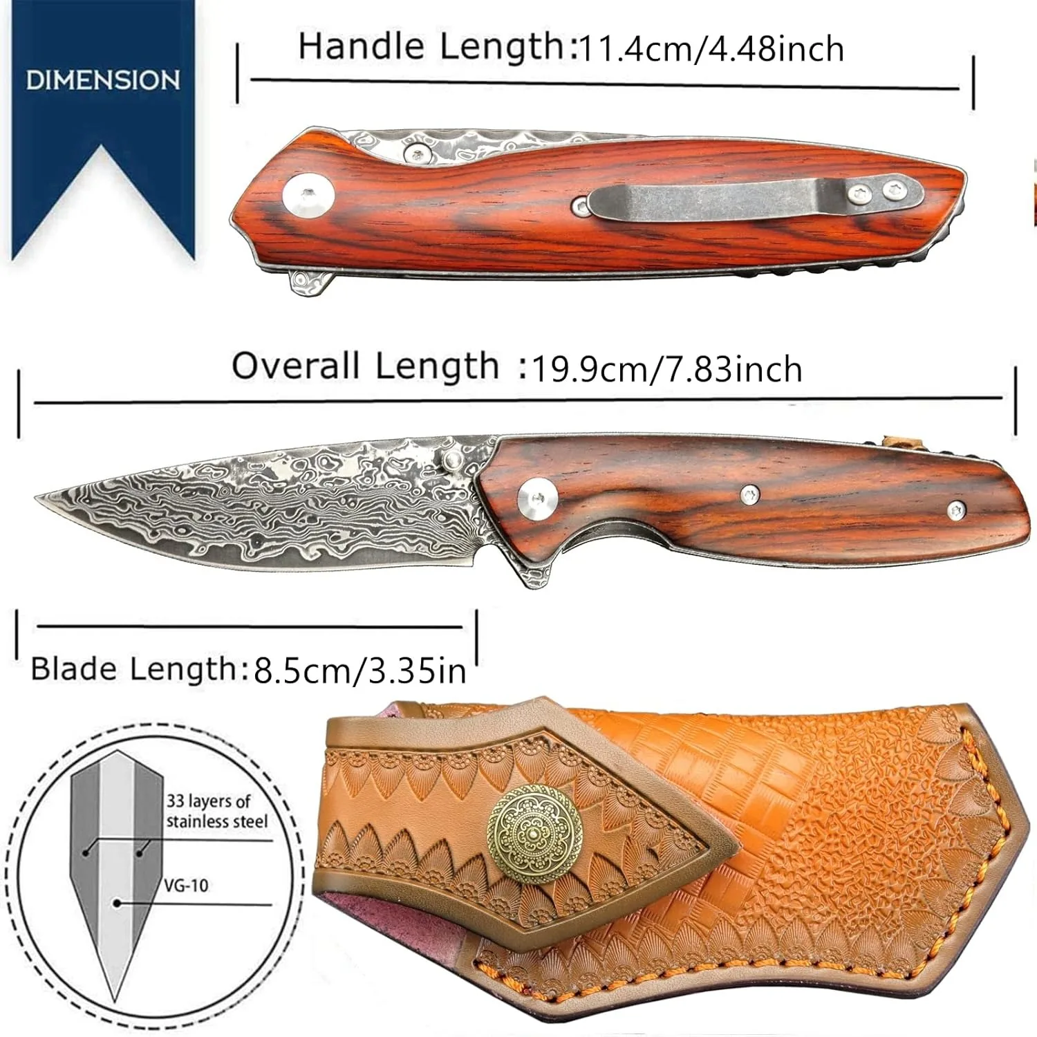 Sitivien ST240 EDC Damascus Steel Folding Knife with Dalbergia Handle,VG10 Core Blade Belt Clip for Fishing Hiking EDC Tool