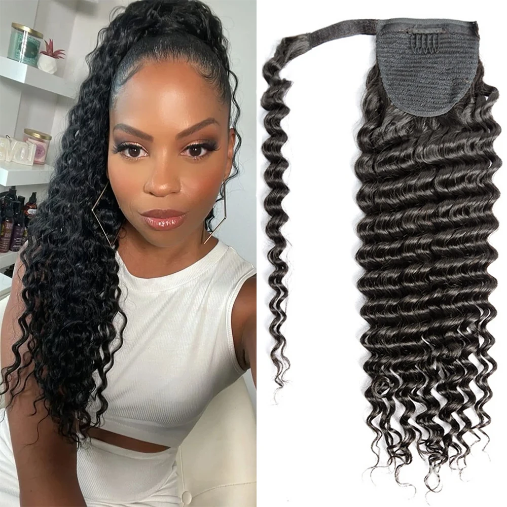 100g Deep Wave Ponytail Human Hair Drawstring or Wrap Around Ponytail Hair Extensions 8-26 Inches Clip Ins Ponytail For Women