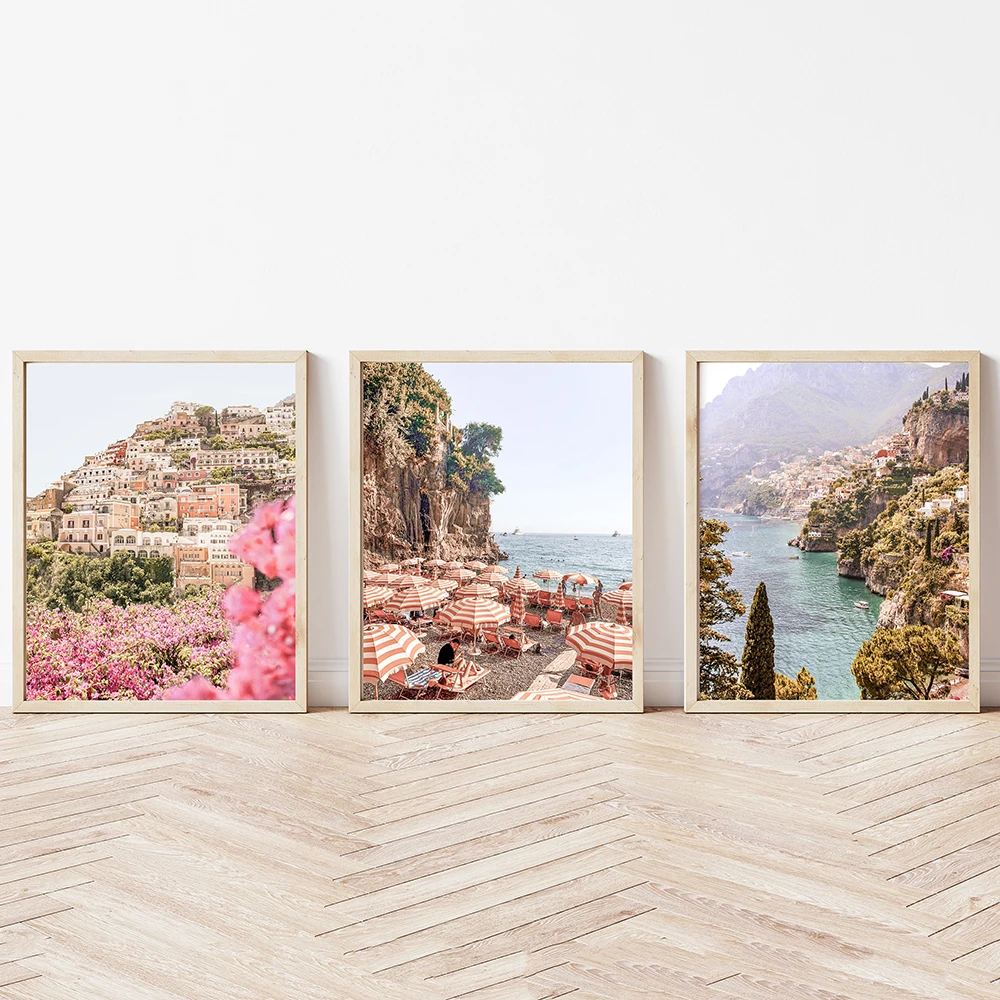 Amalfi Coast Mediterranean Italy Beach Print Canvas Painting Pink Positano Flower Travel Poster Wall Art Picture Bedroom Decor