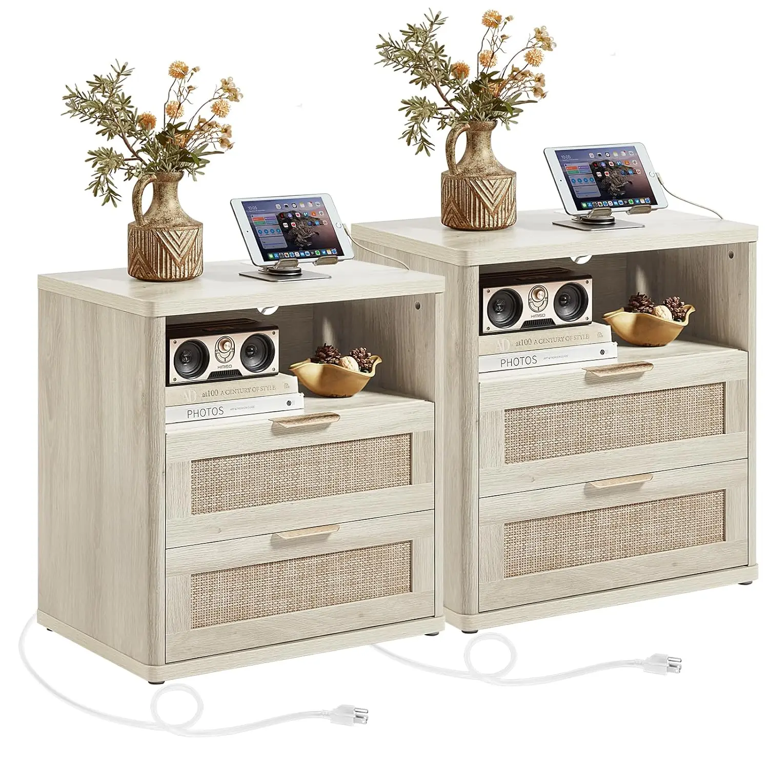 Rattan Nightstand Set 2 with Charging Station & 2 Drawers, Bedroom Furniture 23