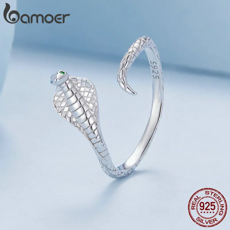 Bamoer 925 Sterling Silver Cobra Opening Ring Lively Snake Adjustable Ring for Women Party Pave Setting CZ Fine Jewelry