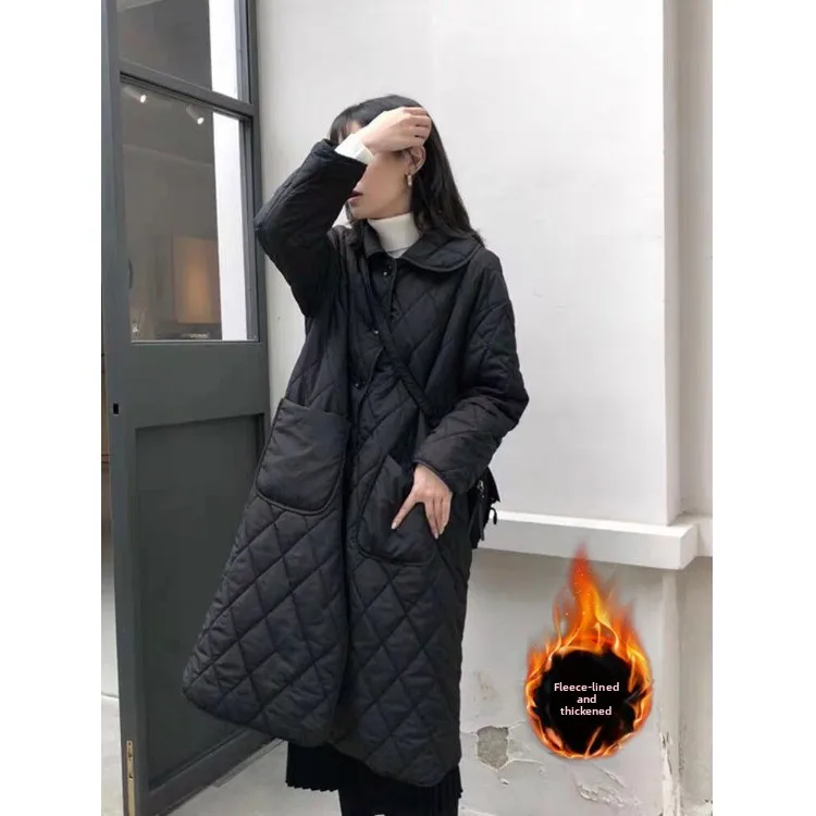 

over Knee Women's down Cotton Jacket Loose Fit Mid-Length Winter Outerwear Slimming Versatile Coat Commute Style Long Sleeve