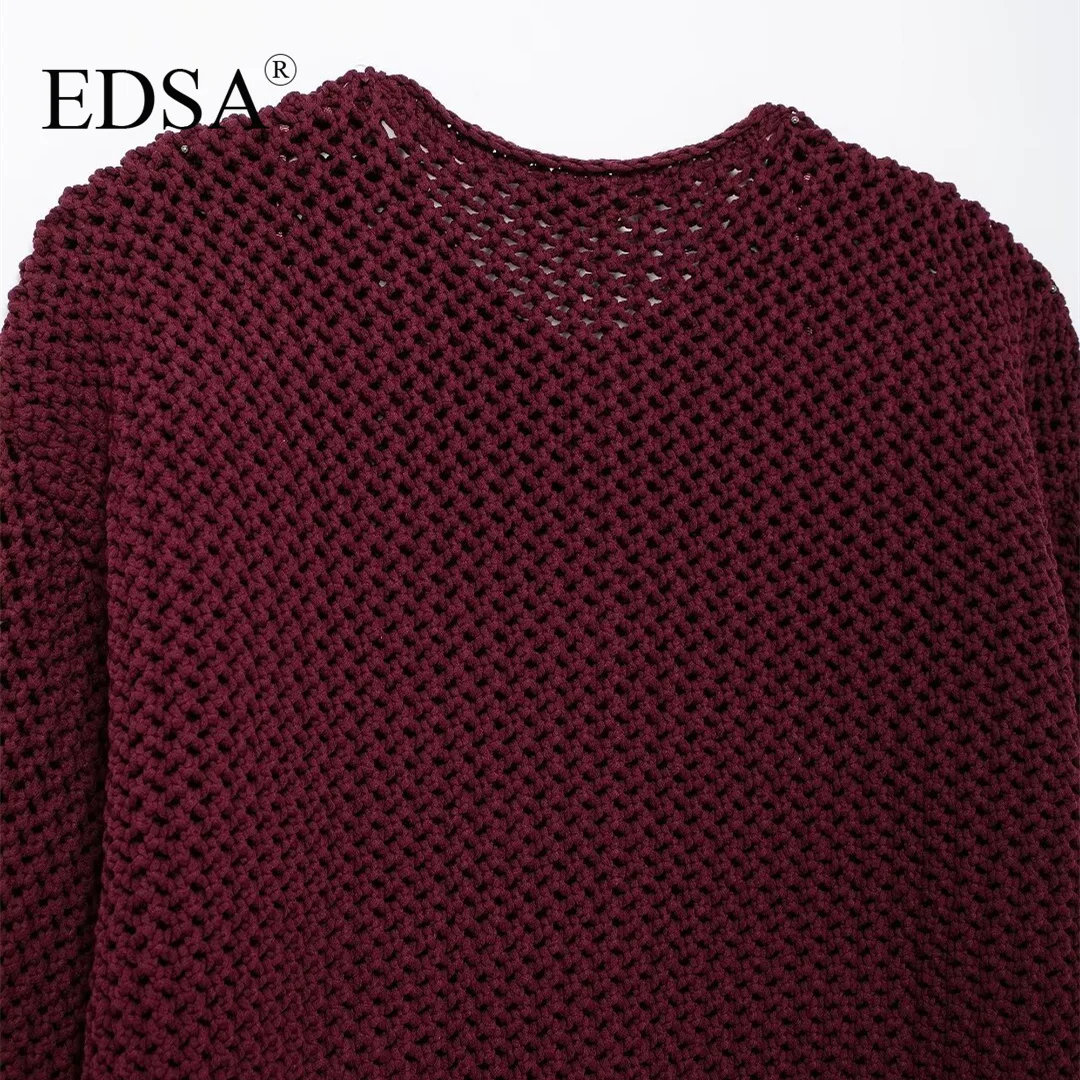 EDSA Women Vintage Solid Sweater O-Neck Long Sleeve Metal Button Knitted Cardigan Autumn Female Fashion High Street Top Coat