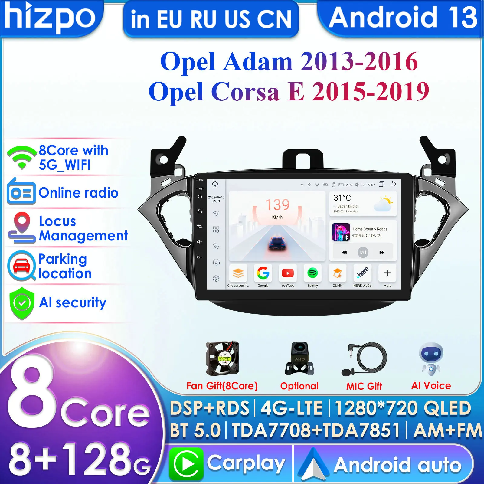 Hizpo 4G 9'' AI Intelligent Systems Wireless CarPlay Android Auto Radio for Opel Adam for Opel Corsa E Car Multimedia GPS 2din