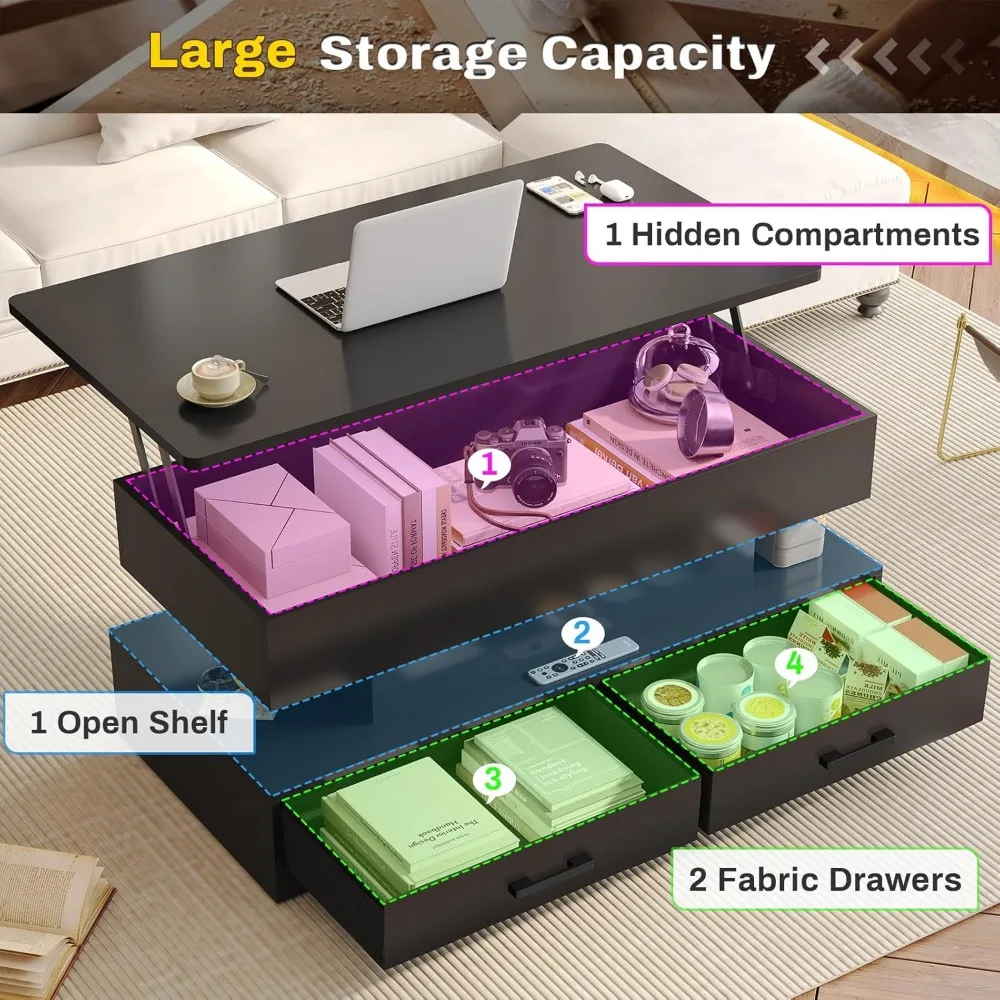 Mesa de centro elevatória de 40", mesas de centro com armazenamento para sala de estar, mesa de centro pequena com 2 gavetas de tecido e luz LED