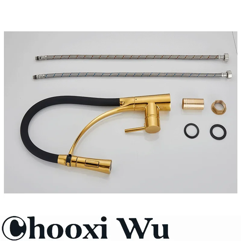 CHOOXIWU-Black Rubber Kitchen Faucet Mixer Tap Rotation Pull Down Stream Sprayer Taps Hot Cold Water Tap One Handle Kitchen Tap
