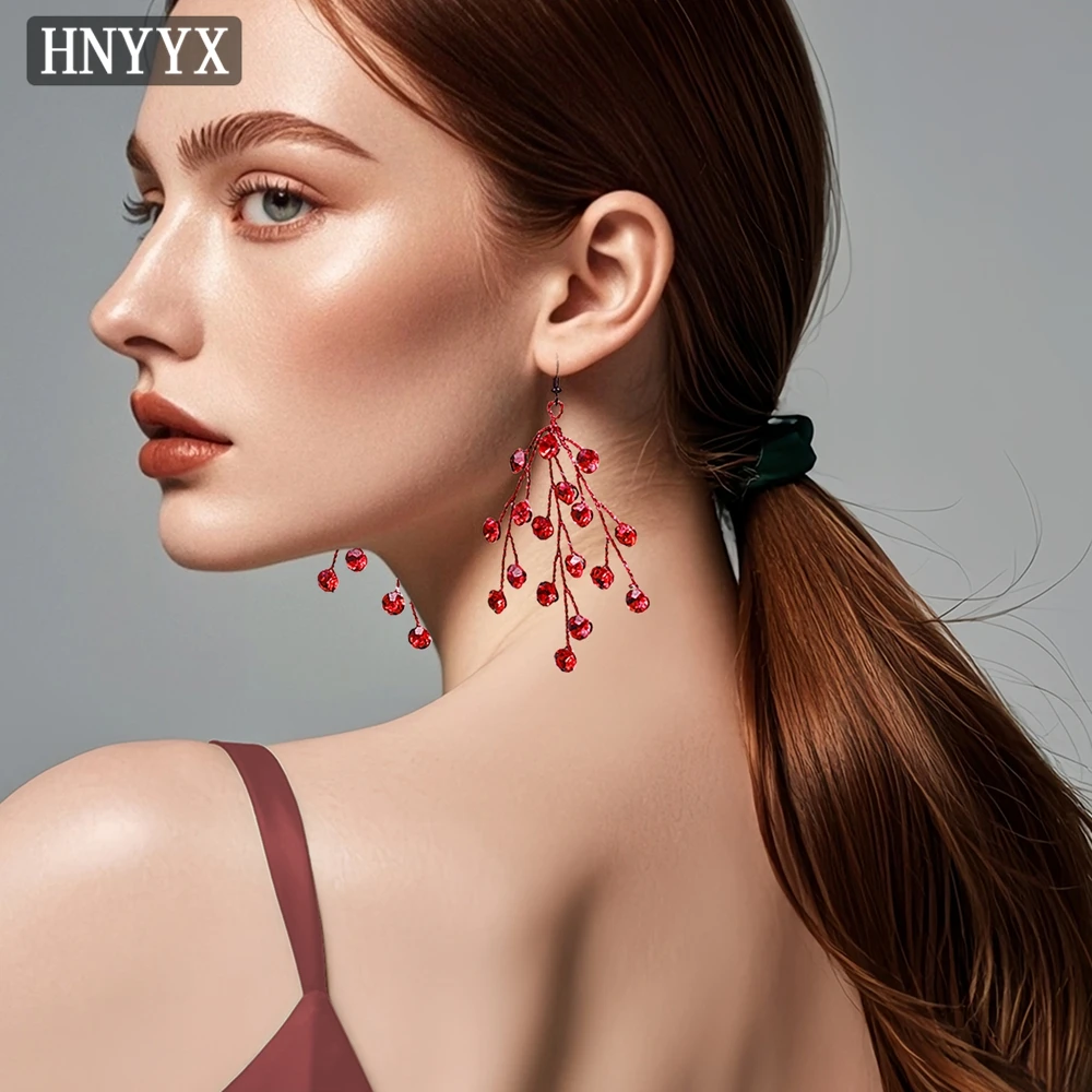 

HNYYX Fashion Red Rhinestone Earrings Bridal Wedding Bridesmaid Earrings Women's Holiday Festive Crystal Eardrop Accessories B30