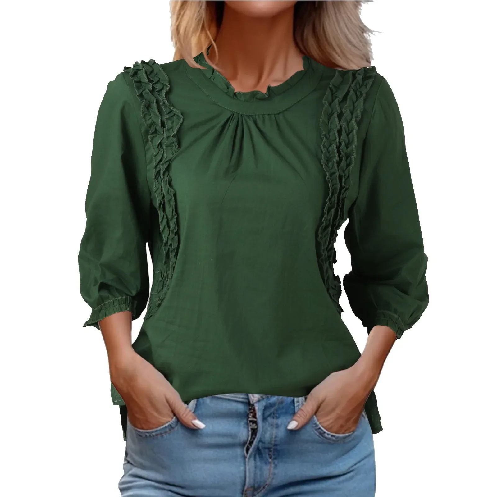 

Women'S Fall Fashion Ruffle Solid Color Blouse Dressy Casual Long Half Sleeve Crew Neck Loose Pullover Tops Shirt Blouse