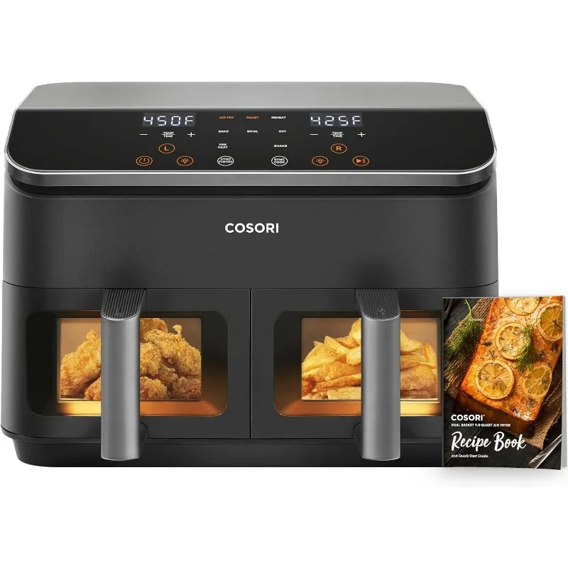 COSORI Dual Basket Air Fryer 9 Qt, Large and Wide Double Airfryer, 8-in-1, Sync Cook & Finish Family Meals,Roast,Broil,Dehydrate