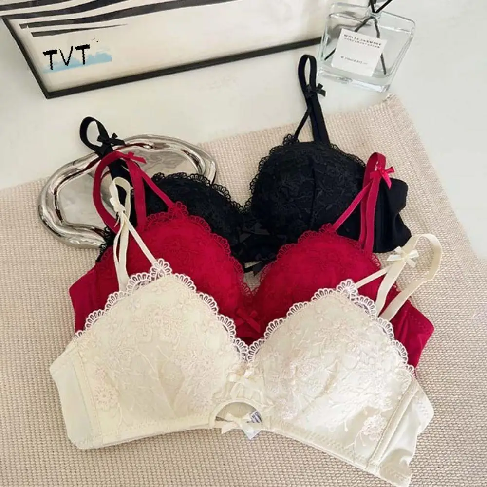 

Fashion Breathable Lace Flower Bra Thin Bowknot Push Up Bra Adjustable Intimates Underwear for Women Gifts