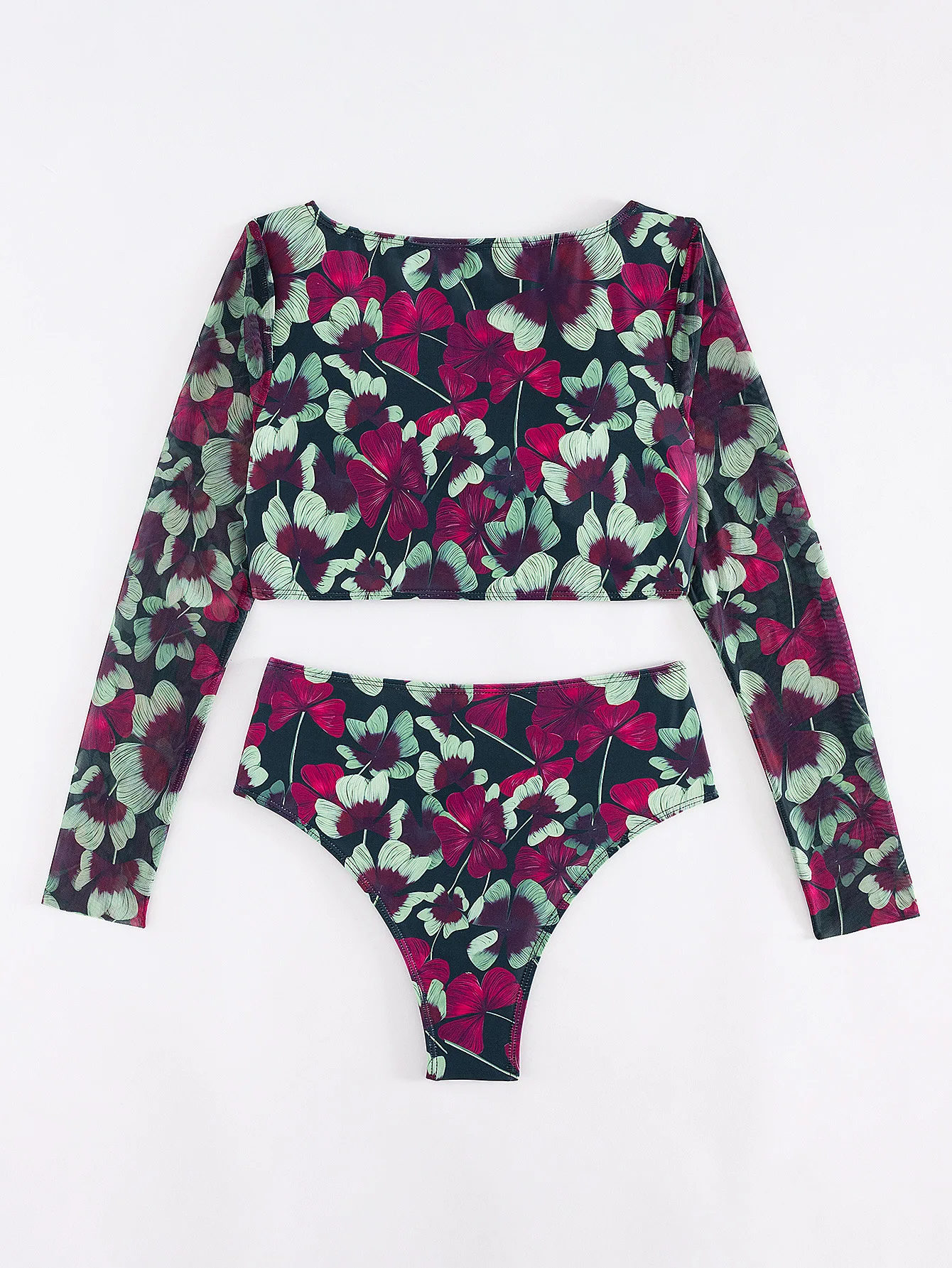 2025 Fashion Sheer Mesh Bikini Set Vintage Printed Long Sleeve Top & High Waist Bottom Summer Two Piece Swimsuit Beach Outfits