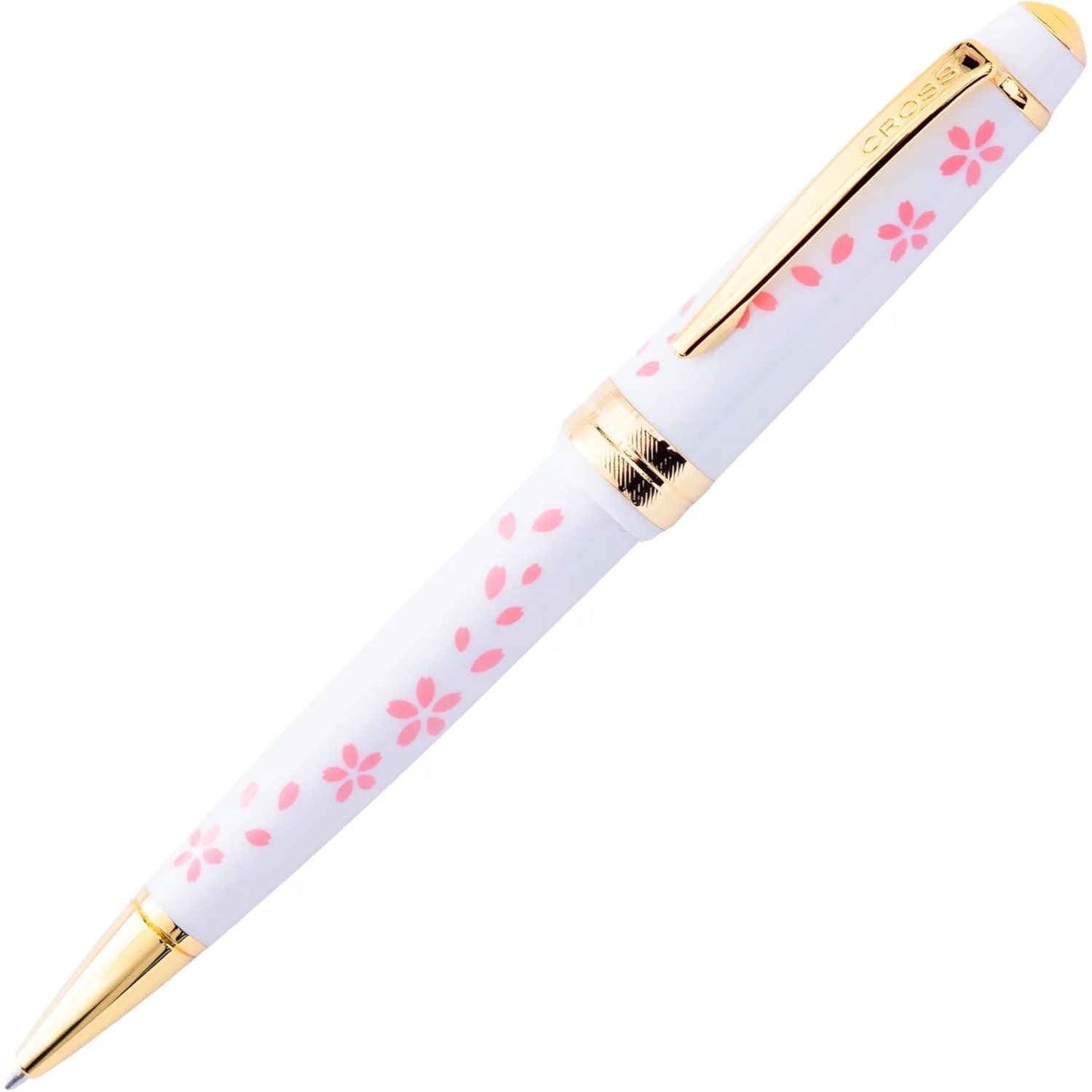

Lightweight Cherry Blossom Ballpoint Pen, Glossy White Resin with Gold PVD, Elegant Gift with Lifetime Warranty