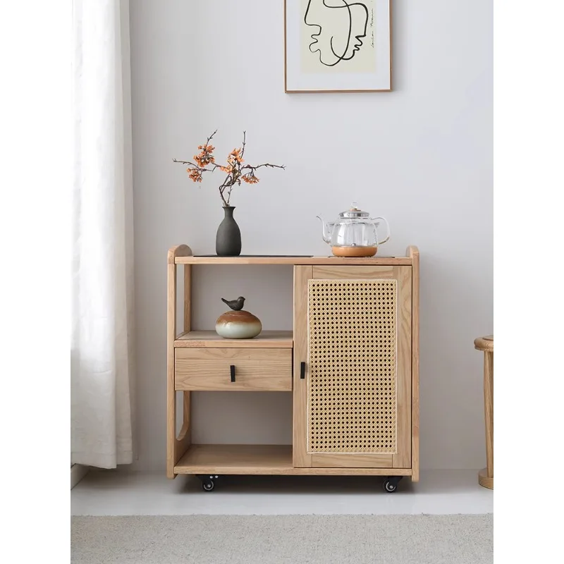 All solid wood tea cabinet, kettle integrated office wabi-sabi wind mobile side few household dining side cabinet rack