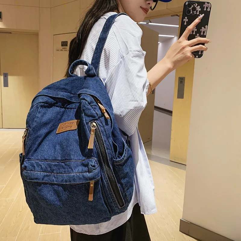 

Casual Cowboy women backpack large capacity denim Schoolbag for Teenage Girls Backpacks Travel female Rucksack mochila blue