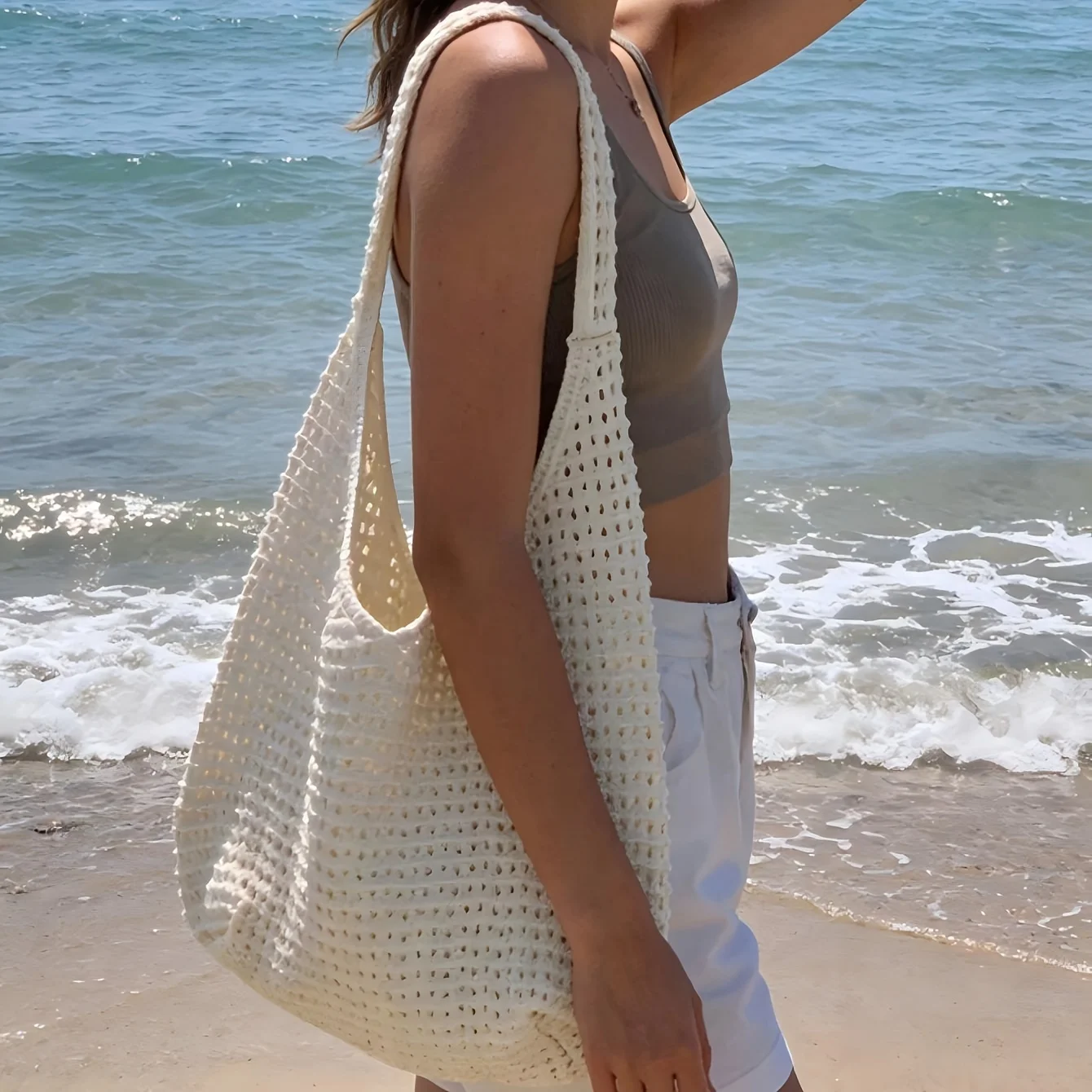 Women'S Large Capacity Bohemian Knit Crochet Shoulder Bag, Fashionable  Bag, Suitable for Summer, Beach, Retro Minimalist Style