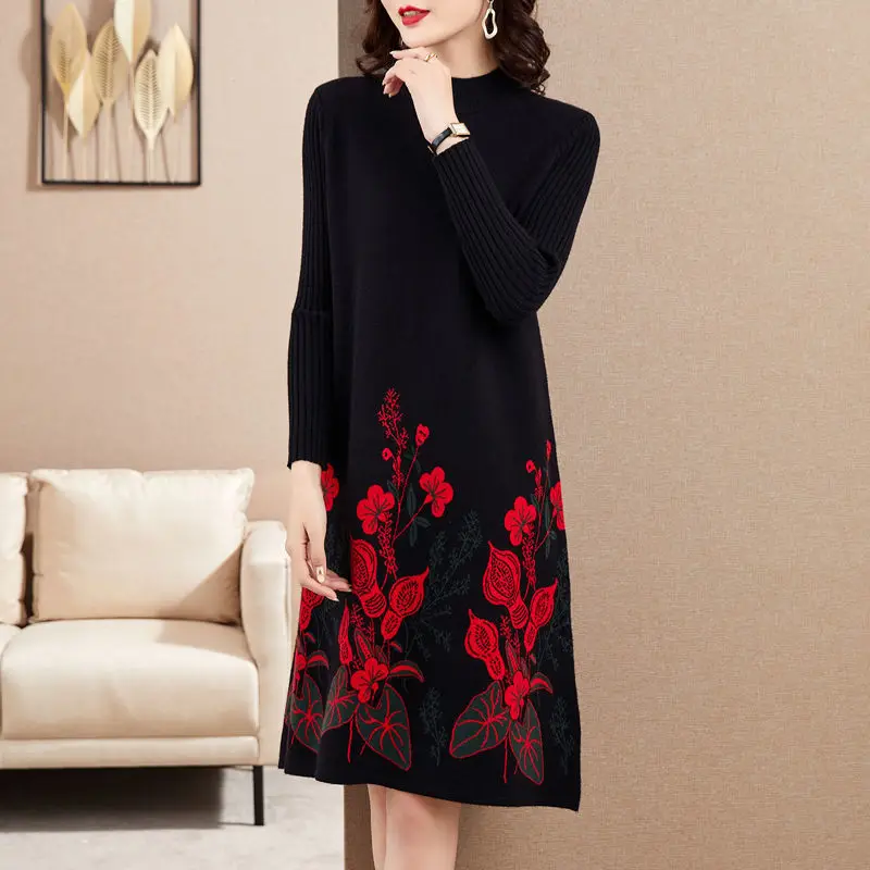 Robe surdimensionnée pour femme, pull à col mi-haut, imprimé vintage, pull femme, vêtements astronomiques épais, bureau, dame, nouveau, 2022