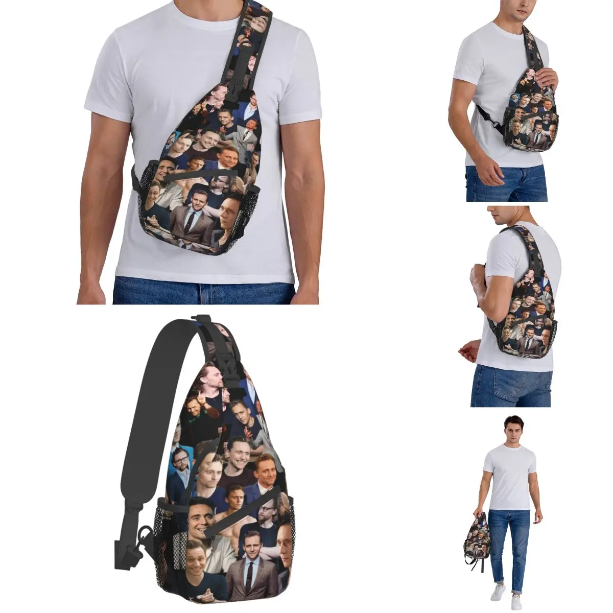 Tom Hiddleston Collage Sling Bag Peito, Mochila Crossbody Shoulder, Mochilas de Viagem Caminhada, Pacote Padrão Singer, Pequeno