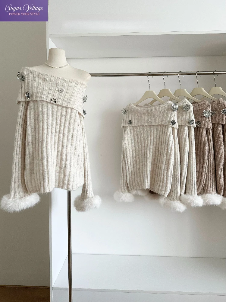

French Fashion Sweet Cool Sweater Women Loose Off Shoulder Sequin Knit Top Elegant Warm Pullovers Casual Retro Chic Daily Outfit