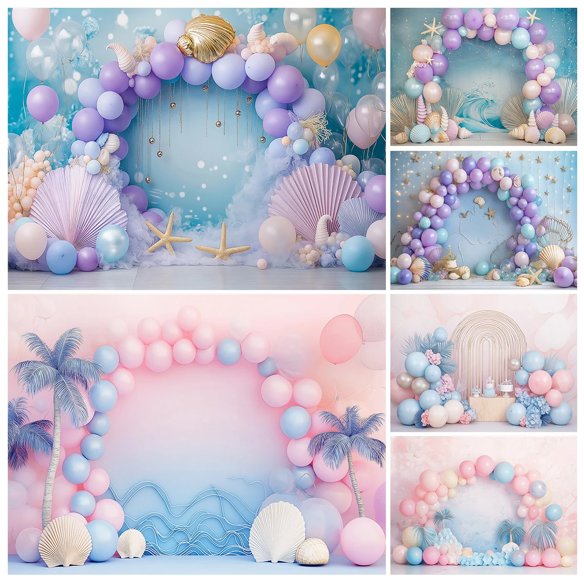

Dreamy Pink Blue Mermaid Photography Backdrop Girl Princess Birthday Cake Smash Backgrounds Balloon Shell Photo Studio Props