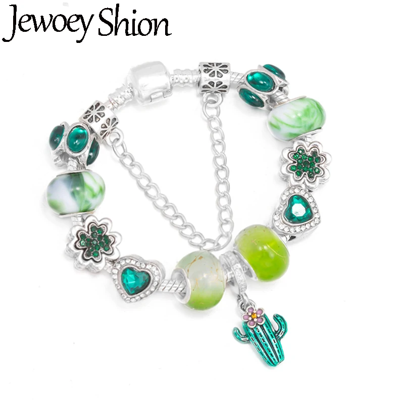 Fashion Green Vegetation & Clover Beads Chain With Cactus Pendents DIY Brand Charm Bracelet Jewelry For Women Making Gift New