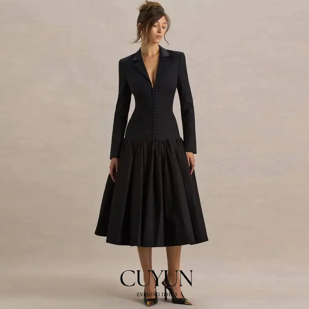 

CUYUN Women Black Party Dresses Suit Jacket Dresses Notch Lapel Long Sleeves Tea-Length Prom Gown Customized Office Lady Wear