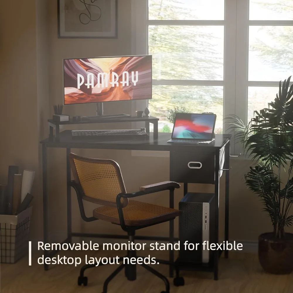 39 Inch Computer Desk with Monitor Stand Small Home Office Desks with Non-Woven Storage Drawer for Bedroom Study Table Writing