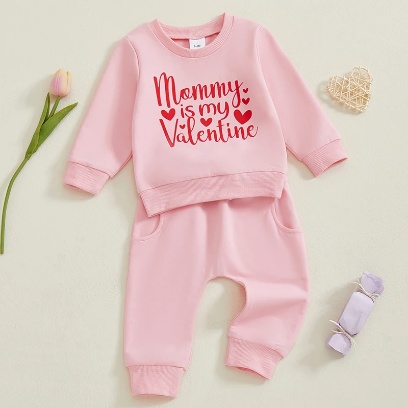 Toddler Girl Valentine’s Day Clothes Set Long Sleeve Heart Print Sweatshirt Ruffle Pants Outfit Baby Girl Clothing