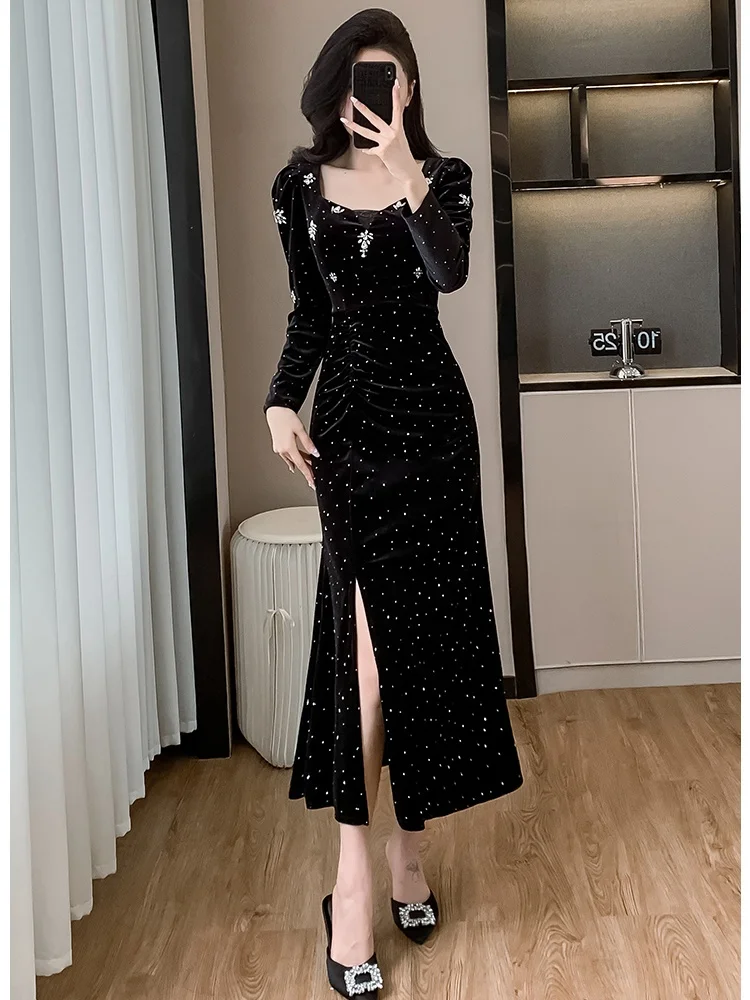 Korean V-neck Elegant Slim Trumpet Party Dresses 2025 Spring Autumn New Exquisite Nail Bead Luxury Velvet Evening Dresses Female