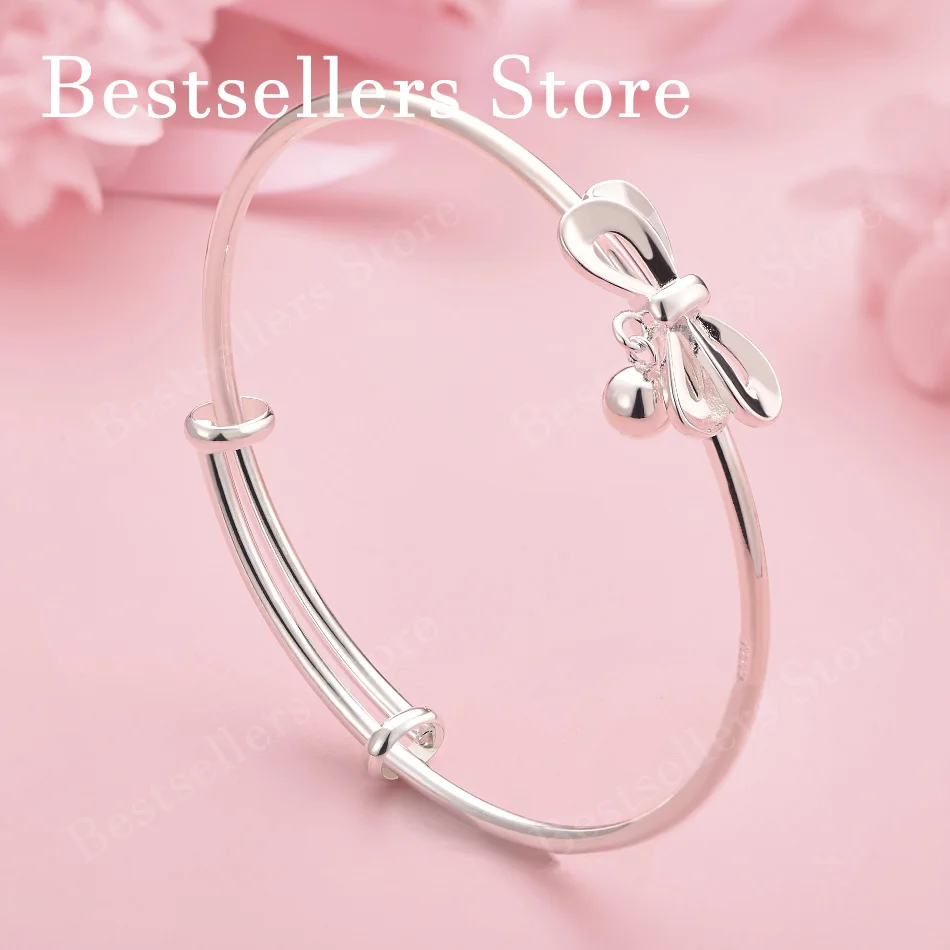 

925 Sterling Silver Exquisite Bow Bell Adjustable Bangle for Women, Fashionable Wedding Party Jewelry