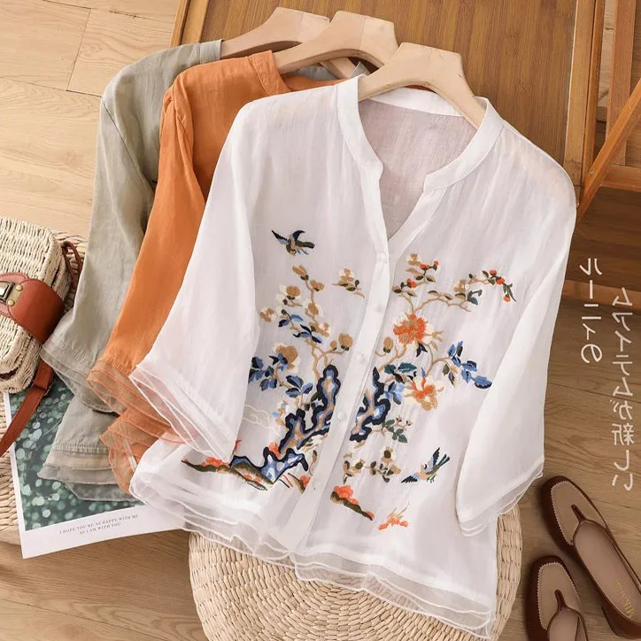 

Retro Cotton Linen Embroidered irt Women Summer Loose Thin Faionable Svel Ele Chinese Sle Top