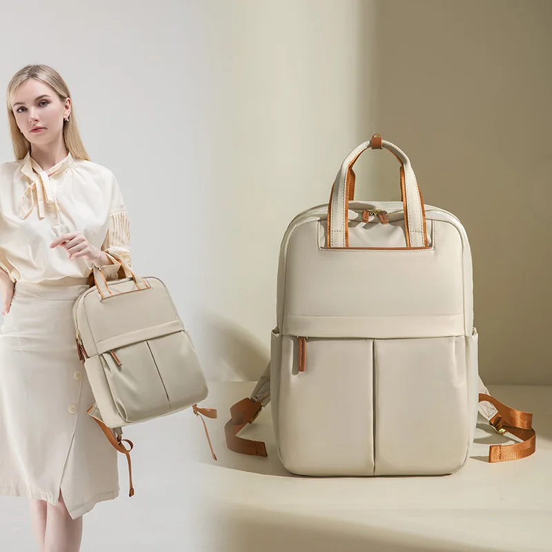 

14" Laptop Backpack Female Fashion Portable Backbag Luxury Khaki Color Commute Women Business Travel Bag Waterproof Oxford Cloth