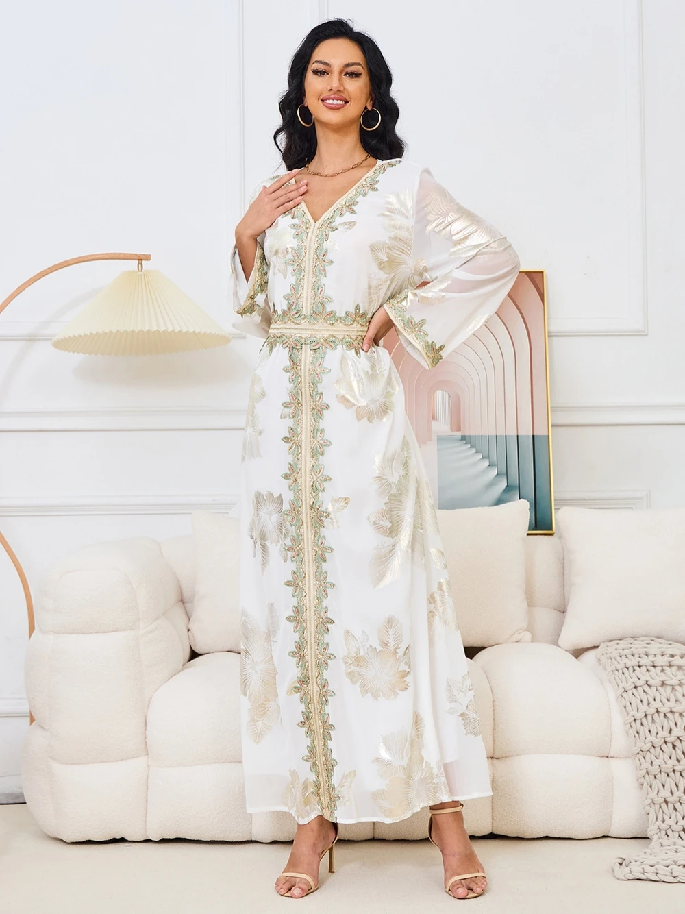 Elegant Dubai Evening Dress Muslim A-line Clothing Bottom Hot Stamping Fashion Robe White  V-neck Prom Gown Customized Cocktail