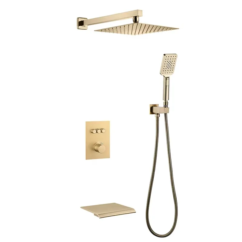 Brush Golden Finished Solid Brass Hot and Cold Rain Square Shower Mixer with Waterfall Bath Tap