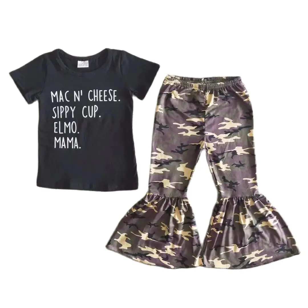 

B4-4 Kids Girls Summer Outfit Sets Short Sleeves Top Mama Letters Print With Camouflage Pants Children Clothes