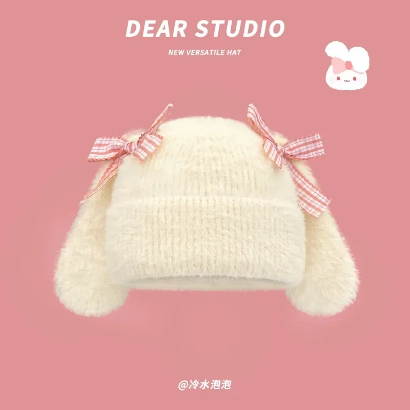 New Japanese Sweet Bow Rabbit Ear Plush Knitted Hat Women's Winter Plush Warm Cute Ear Protector Skull Beanie Cap Bonnet