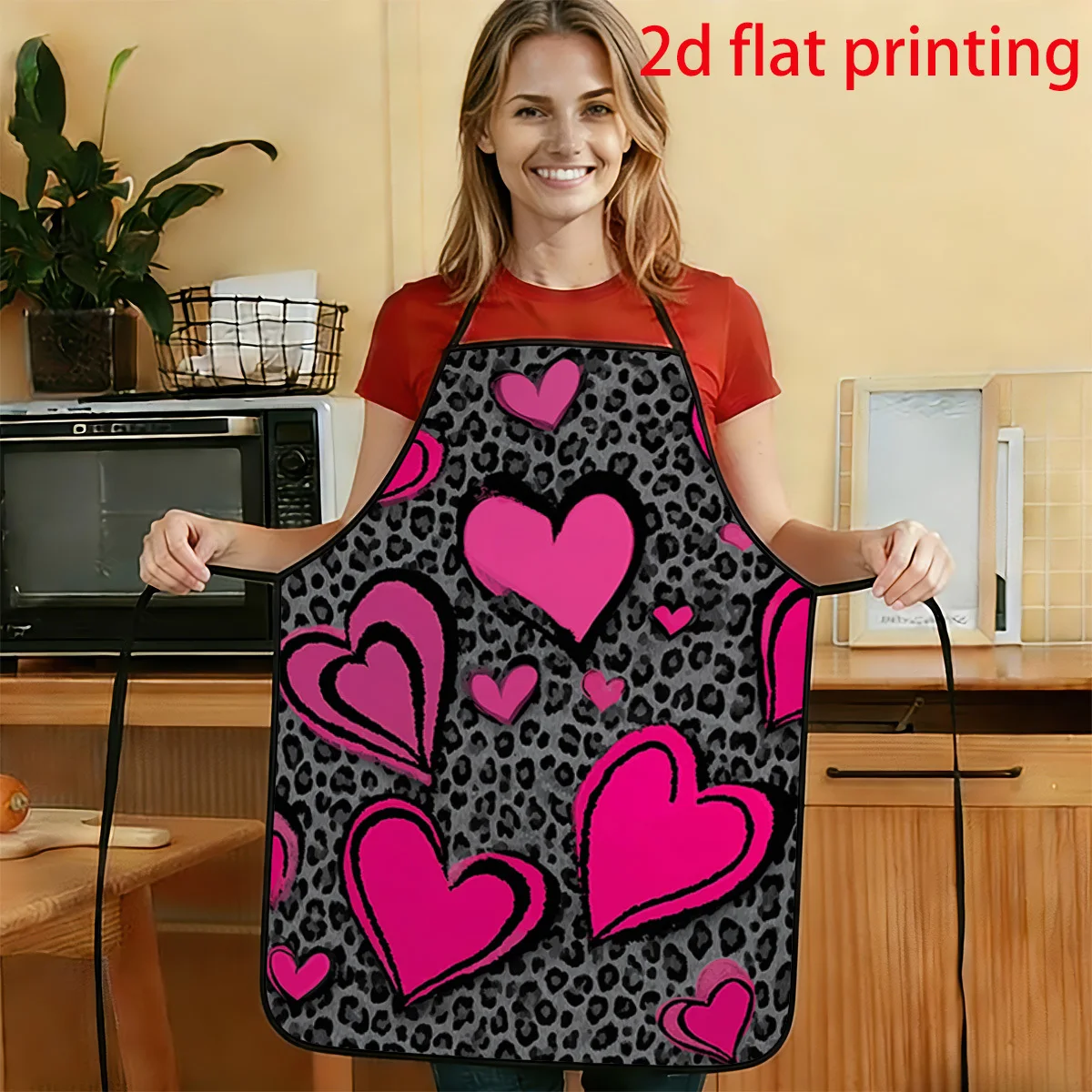 1pc 2D Flat Leopard Print Heart Pattern Design Apron Durable And Easy To Clean Adjustable Waistband Available In Two Sizes: .6