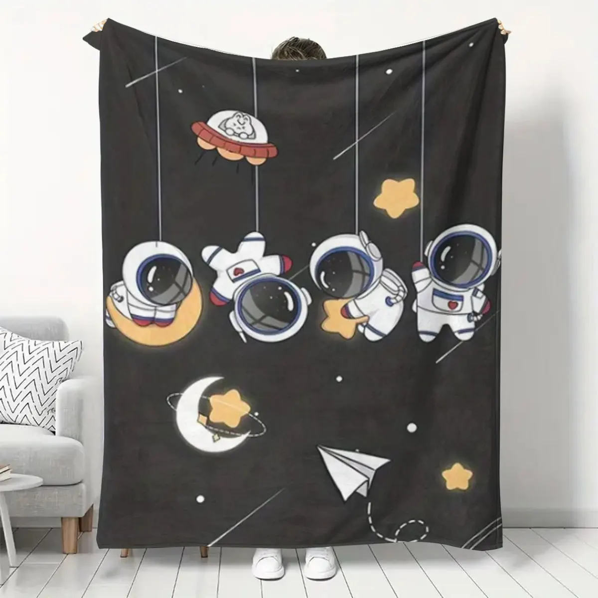 Cute Space Astronaut Throw Blanket for Kids Nursery Decor Galaxy Stars Planets Cartoon Cozy Comforter Bedding Gift for Baby