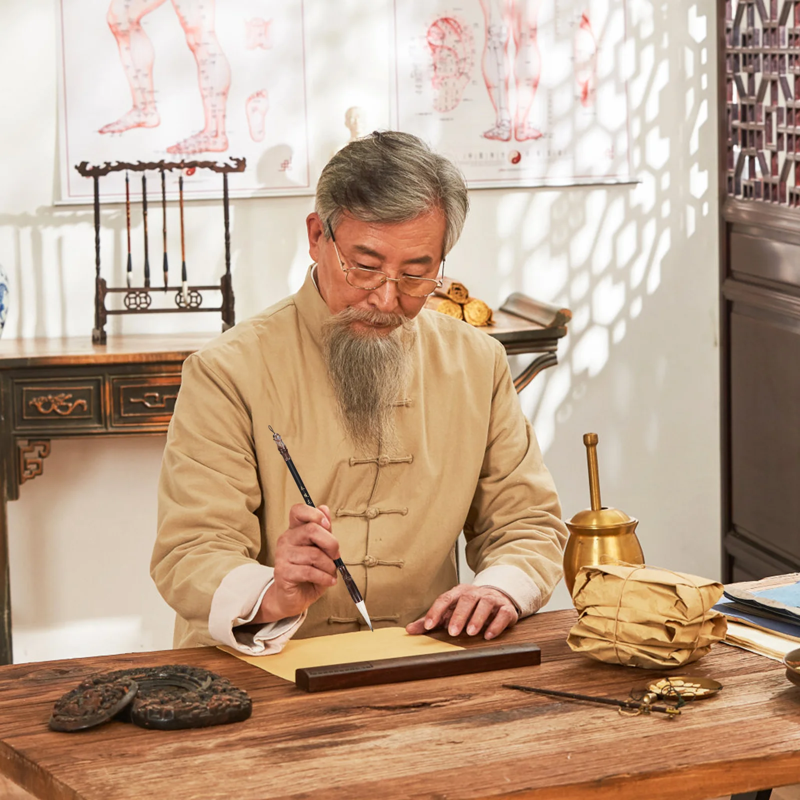 Stylo de calligraphie chinoise Portable, Kit de peinture à l'encre, support enroulable, Surface lisse légère, course d'écriture, étude à la maison, 1 ensemble