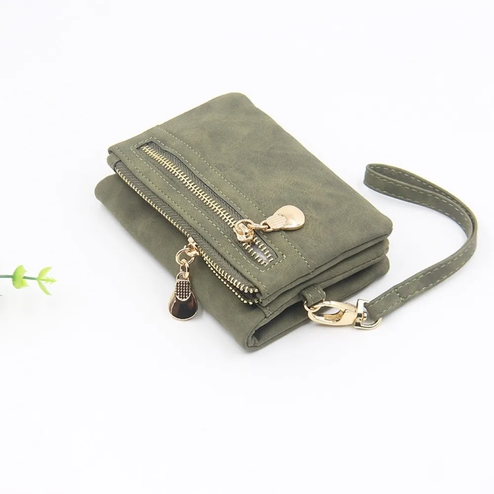 PU Leather Women Short Wallet Double Layer Large Capacity Folding Coin Purse Multiple Card Slots Solid Color Wrist Bag Outdoor