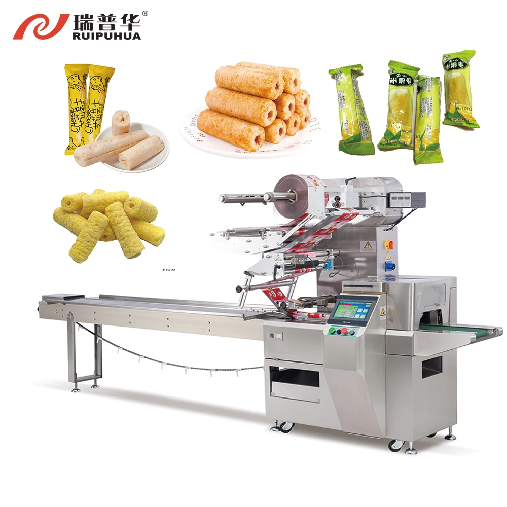 Puffy Corn Roll Automatic Packaging Flow Wrapper Rice Cracker Plastic Bag Puffed Food Rice Cake Full Automatic Packing Machine