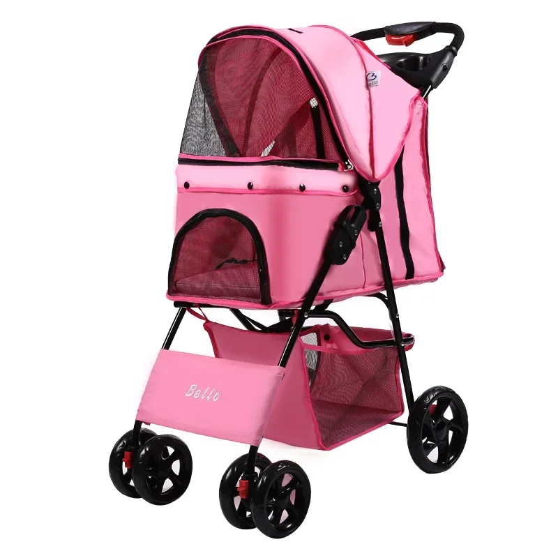 Four Wheel Oxford  Pet Stroller, for Cat, Dog and More, Foldable Carrier Strolling Cart  with Rain Coat 15kg Bearing 6 Colors