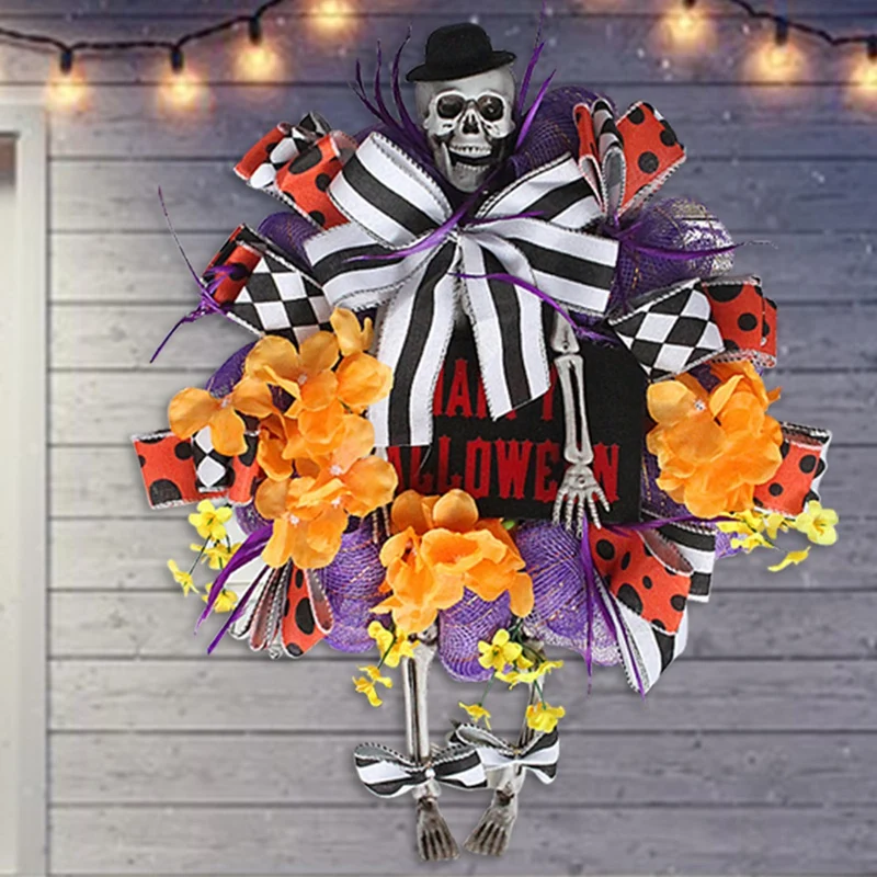 Front Door Wreath For Front Door,Halloween Mesh Wreath,Pumkin &Human Skeleton With Legs,Fun Halloween Porch Decor