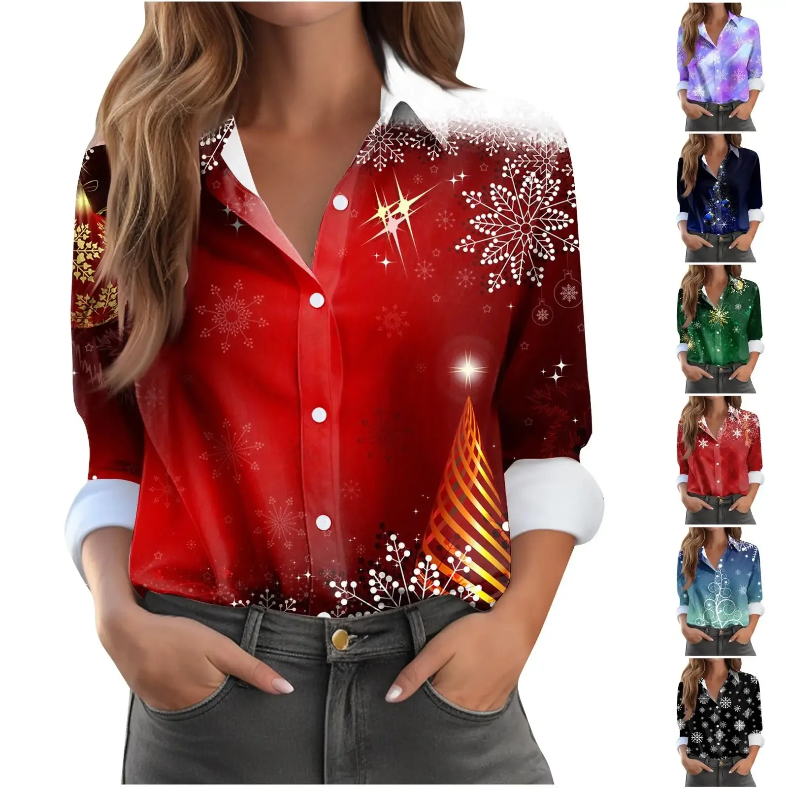 Zielono-czerwone koszule damskie z nadrukiem świątecznym, płatki śniegu, modne bluzki na jesień, nowe, z długim rękawem, luźne bluzki, koszule damskie na przyjęcie świąteczne.