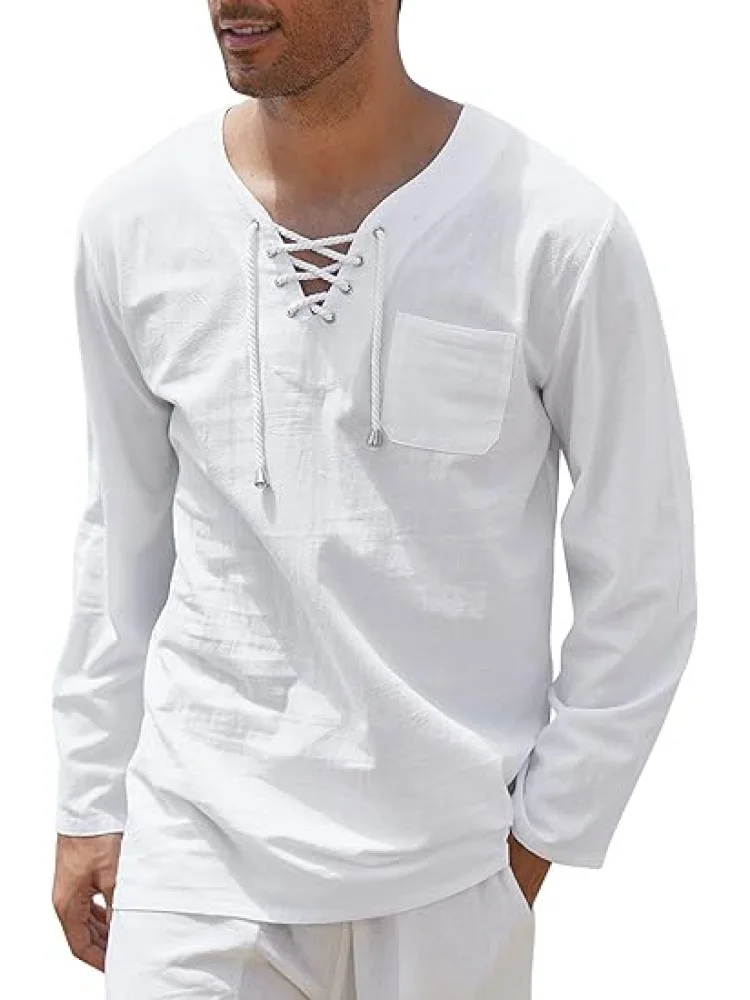 Mens Linen Beach Tee Shirts Cotton Hippie Shirts V Neck Long Sleeve Tunic Big and Tall Yoga Shirt