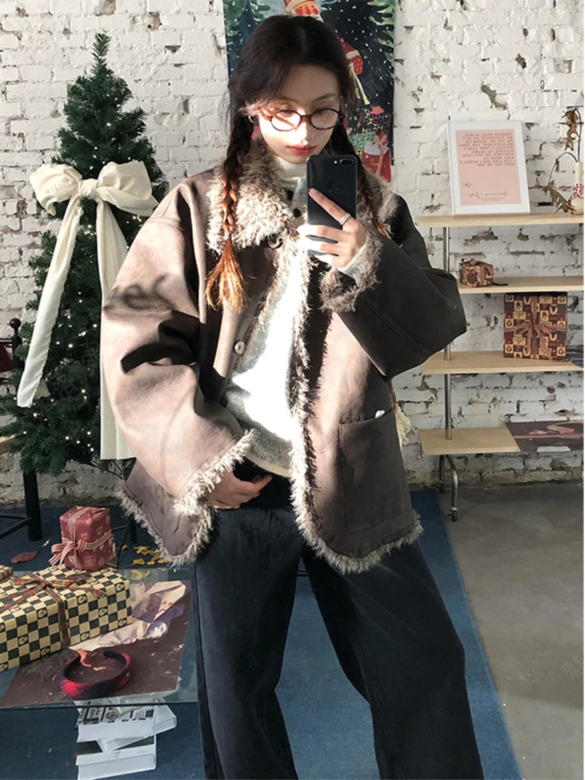 

Американская ретро-куртка двусторонняя из кожи и меха, женская, с интегрированным мехом ягненка, утепленная, маленького размера, теплая, хлопковая, повседневная