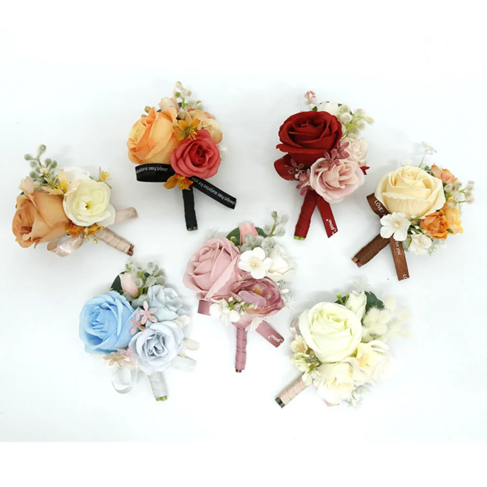 Artificial Silk Rose Wedding Boutonnieres for Men Suits Pins Flowers Brooch Party Bridal Corsage Wrist Decor mariage Accessories